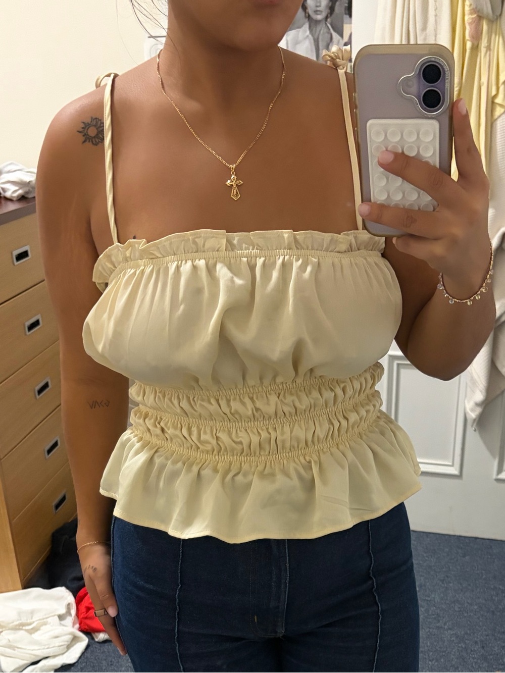 miami Cream Ruching Peplum Cami Top